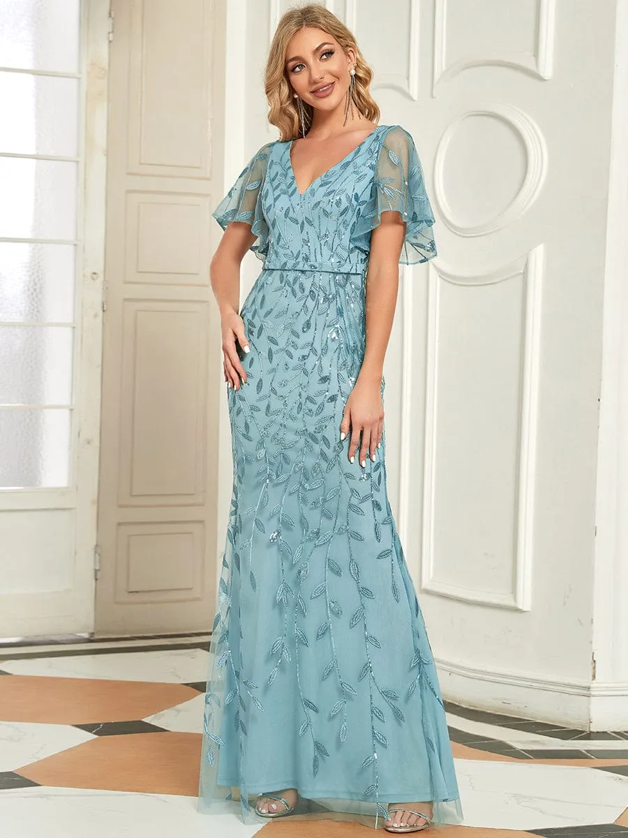 Gorgeous V Neck Leaf-Sequined Fishtail Mother of the Bride Dress
