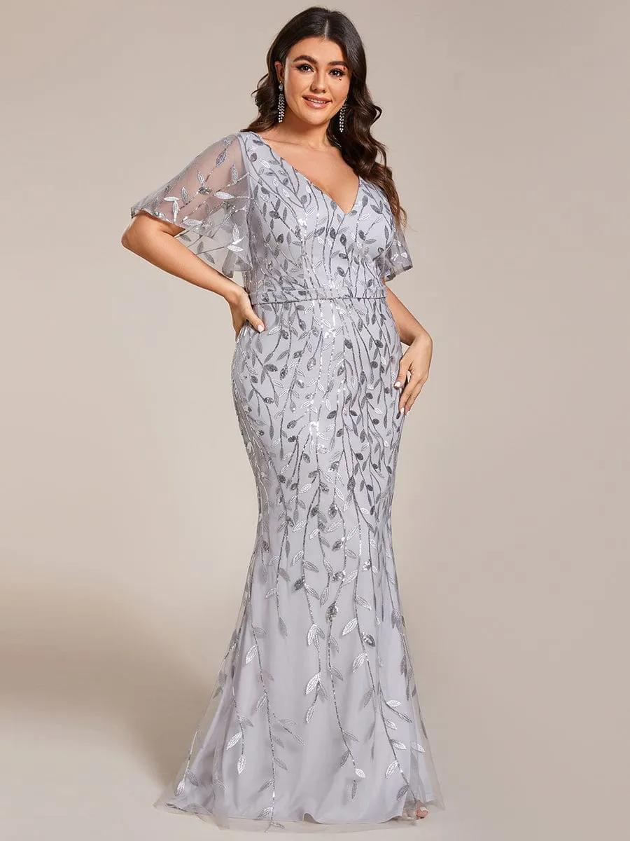 Gorgeous V Neck Leaf-Sequined Fishtail Mother of the Bride Dress