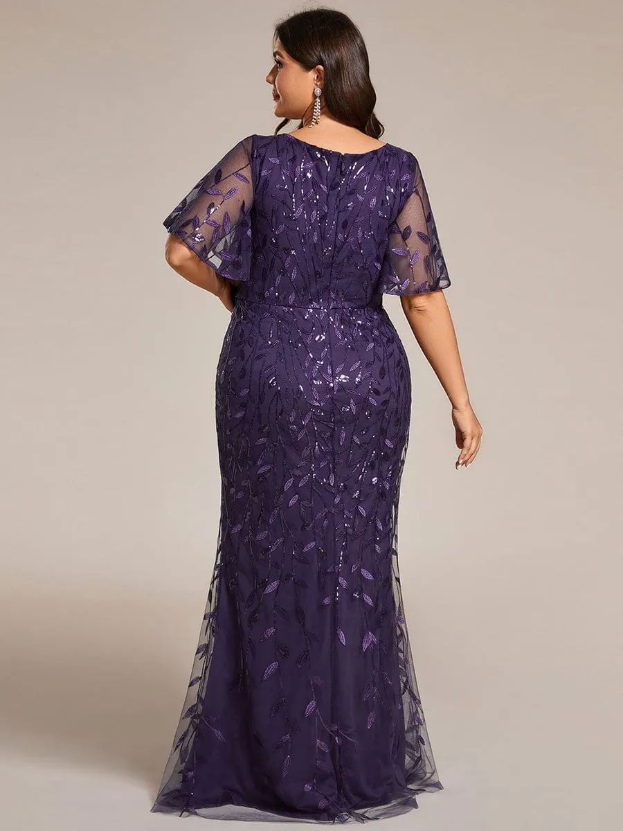 Gorgeous V Neck Leaf-Sequined Fishtail Mother of the Bride Dress