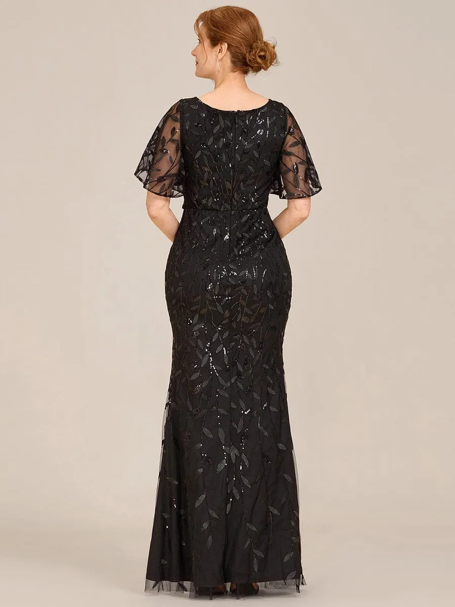 Gorgeous V Neck Leaf-Sequined Fishtail Mother of the Bride Dress