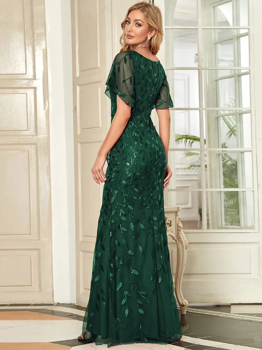 Gorgeous V Neck Leaf-Sequined Fishtail Mother of the Bride Dress