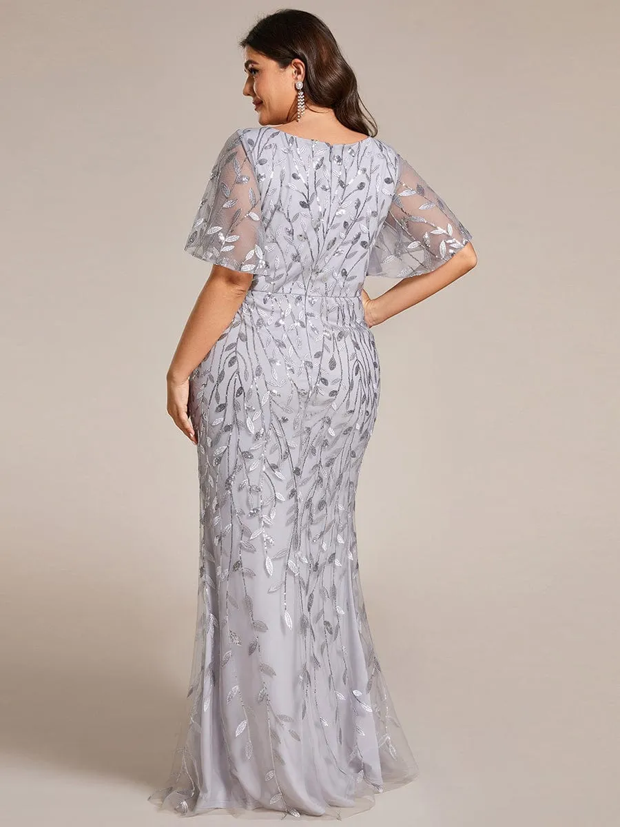 Gorgeous V Neck Leaf-Sequined Fishtail Mother of the Bride Dress