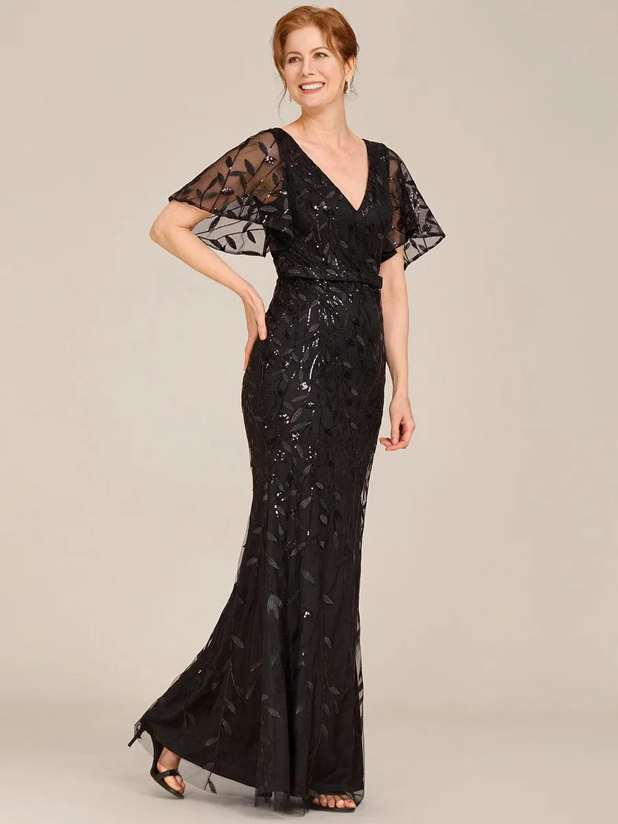 Gorgeous V Neck Leaf-Sequined Fishtail Mother of the Bride Dress