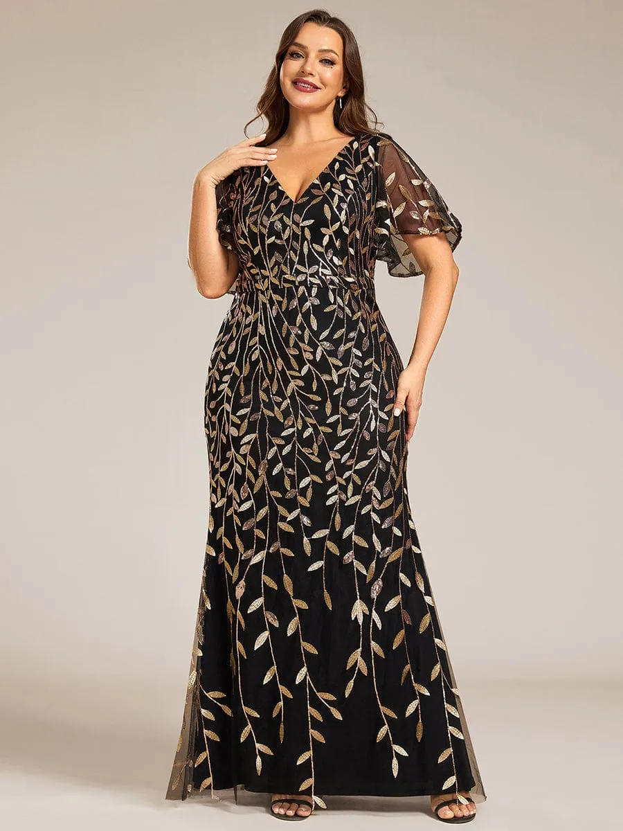 Gorgeous V Neck Leaf-Sequined Fishtail Mother of the Bride Dress