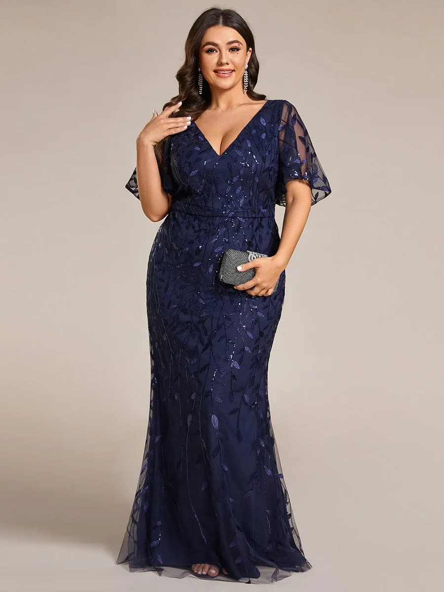 Gorgeous V Neck Leaf-Sequined Fishtail Mother of the Bride Dress