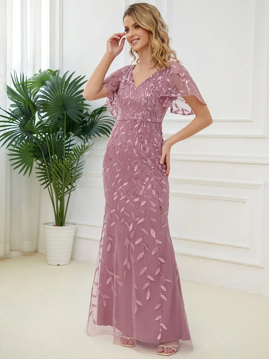 Gorgeous V Neck Leaf-Sequined Fishtail Mother of the Bride Dress
