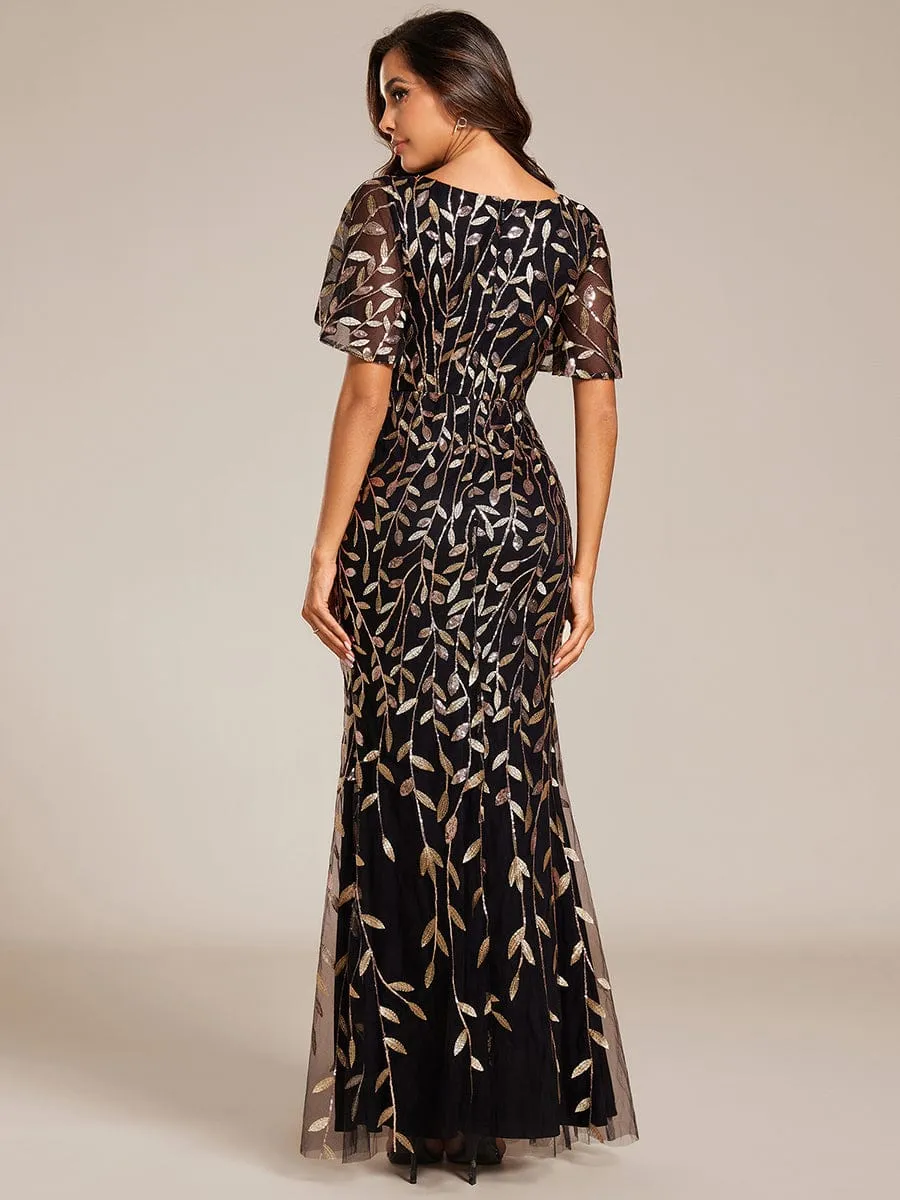 Gorgeous V Neck Leaf-Sequined Fishtail Mother of the Bride Dress