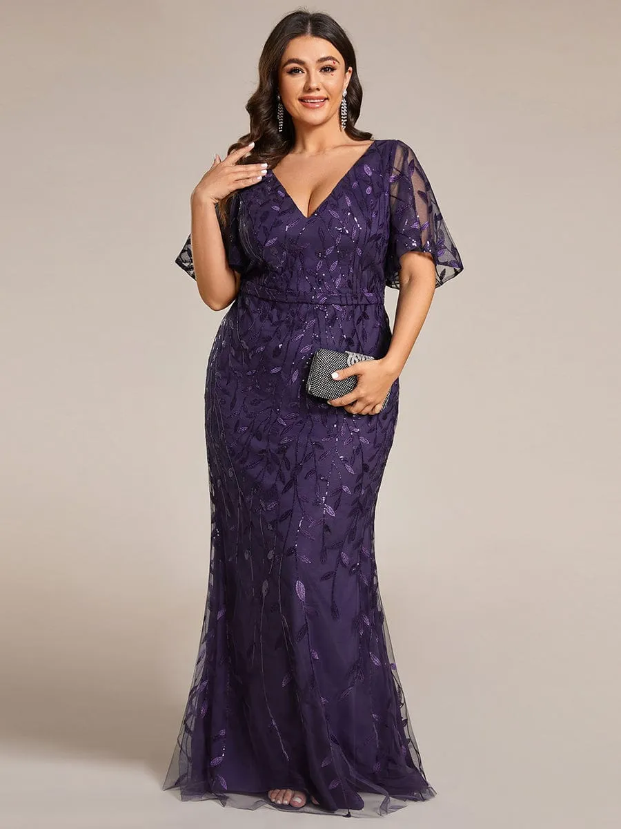 Gorgeous V Neck Leaf-Sequined Fishtail Mother of the Bride Dress