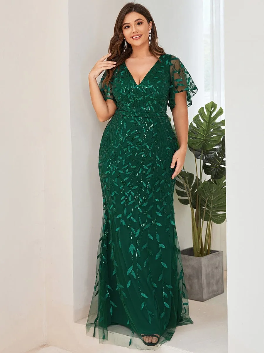 Gorgeous V Neck Leaf-Sequined Fishtail Mother of the Bride Dress