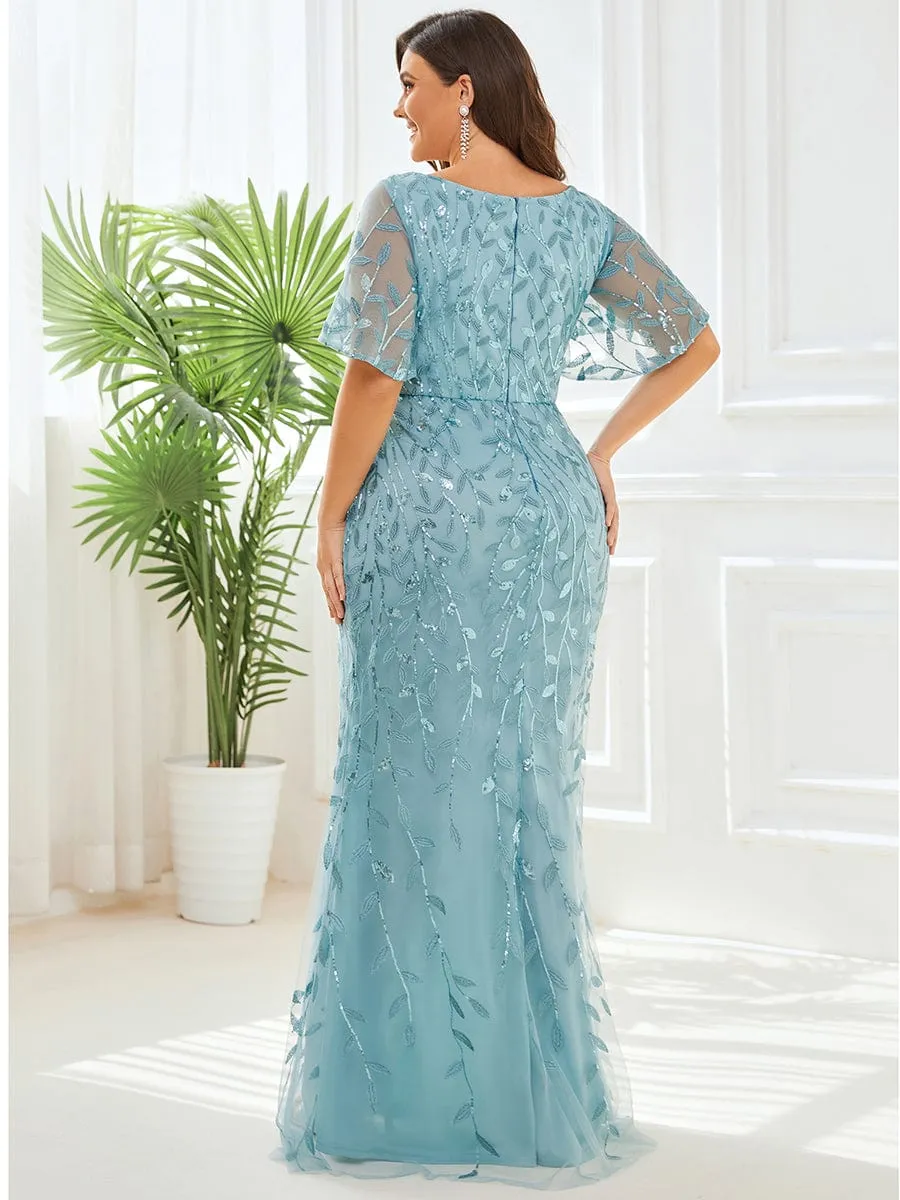 Gorgeous V Neck Leaf-Sequined Fishtail Mother of the Bride Dress