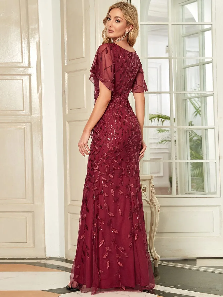 Gorgeous V Neck Leaf-Sequined Fishtail Mother of the Bride Dress