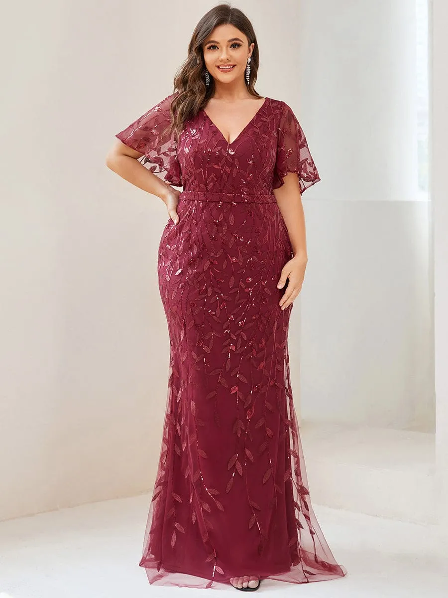 Gorgeous V Neck Leaf-Sequined Fishtail Mother of the Bride Dress