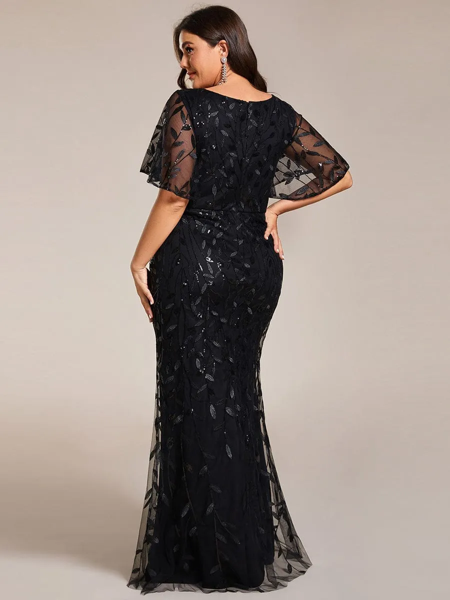 Gorgeous V Neck Leaf-Sequined Fishtail Mother of the Bride Dress