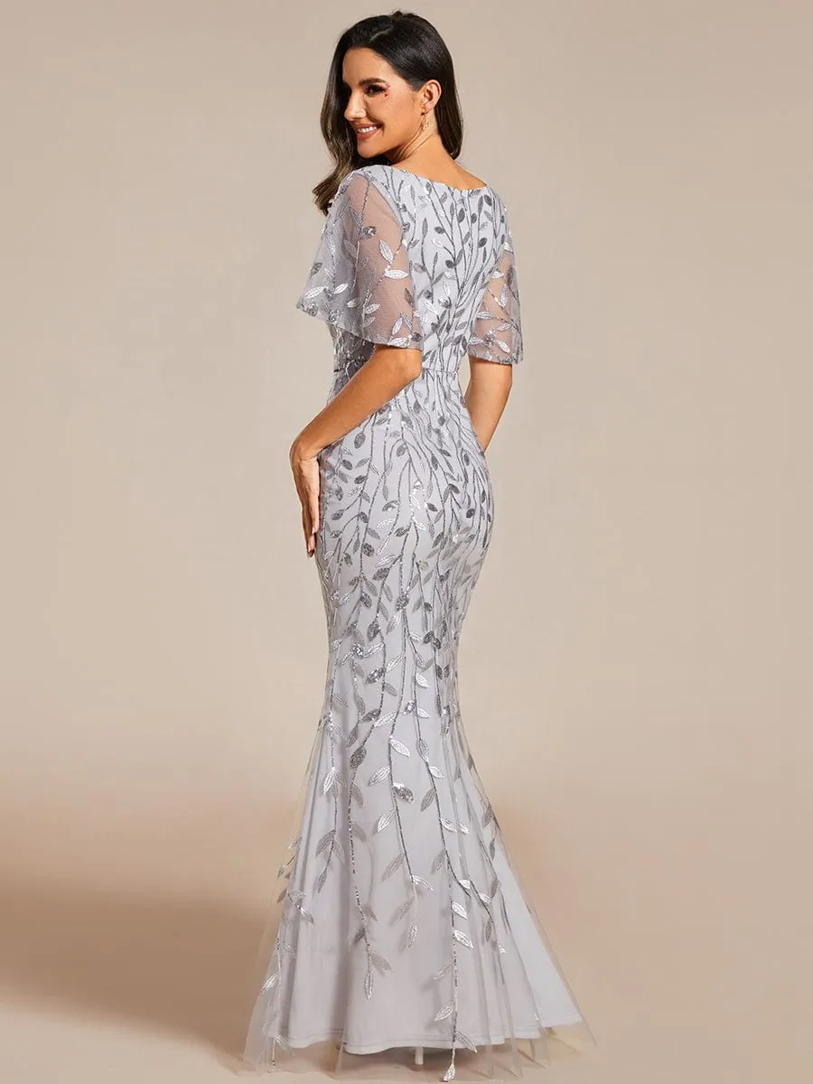 Gorgeous V Neck Leaf-Sequined Fishtail Mother of the Bride Dress