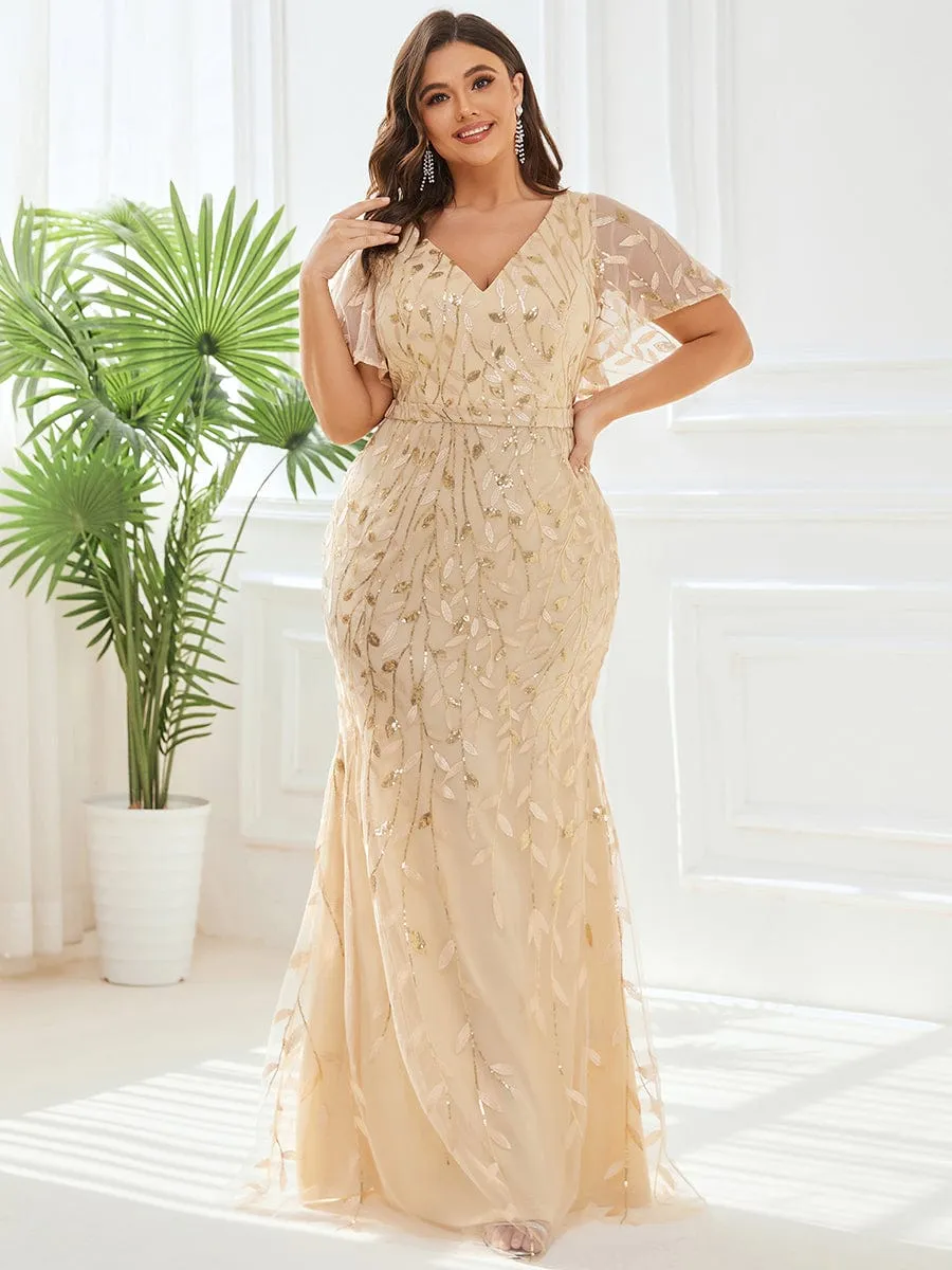 Gorgeous V Neck Leaf-Sequined Fishtail Mother of the Bride Dress
