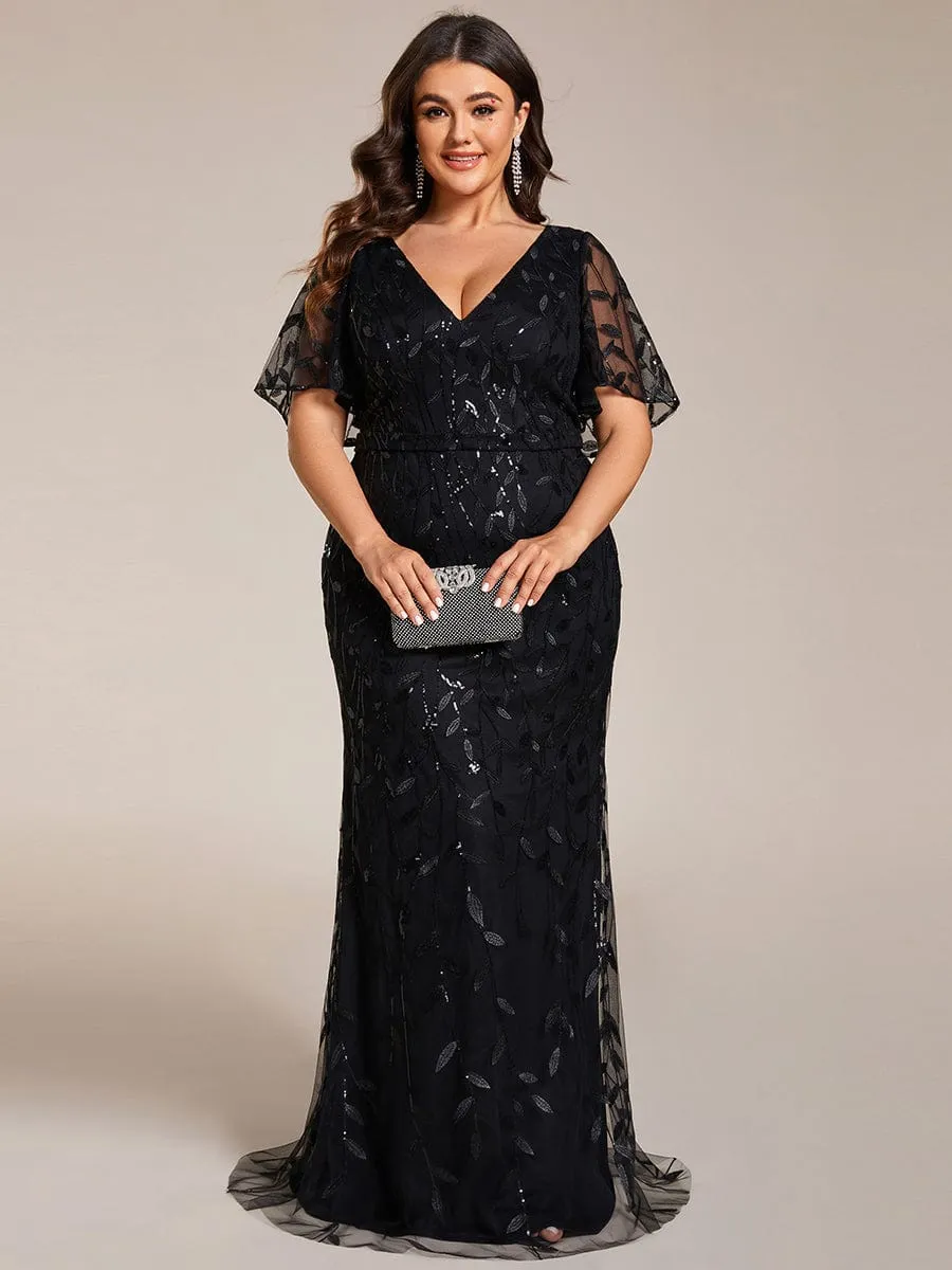 Gorgeous V Neck Leaf-Sequined Fishtail Mother of the Bride Dress