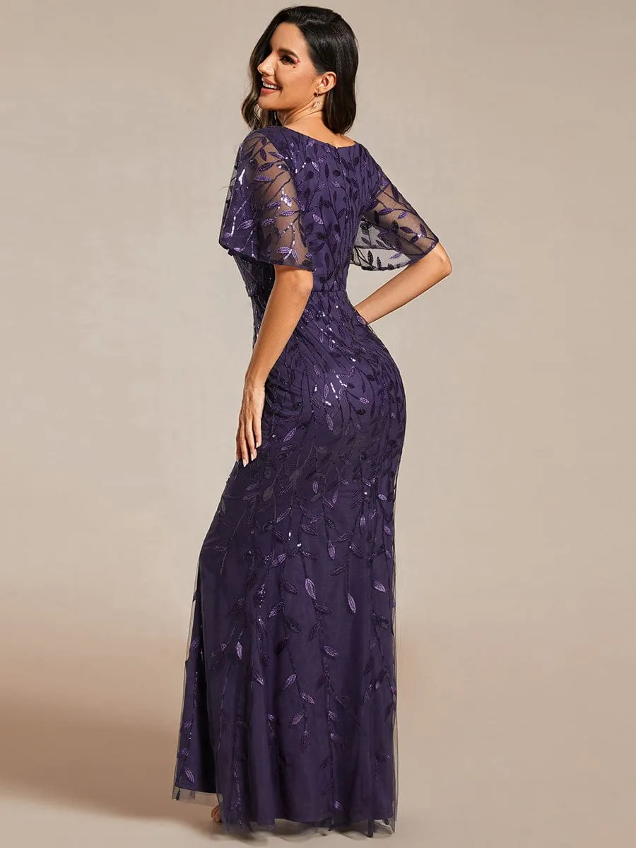 Gorgeous V Neck Leaf-Sequined Fishtail Mother of the Bride Dress
