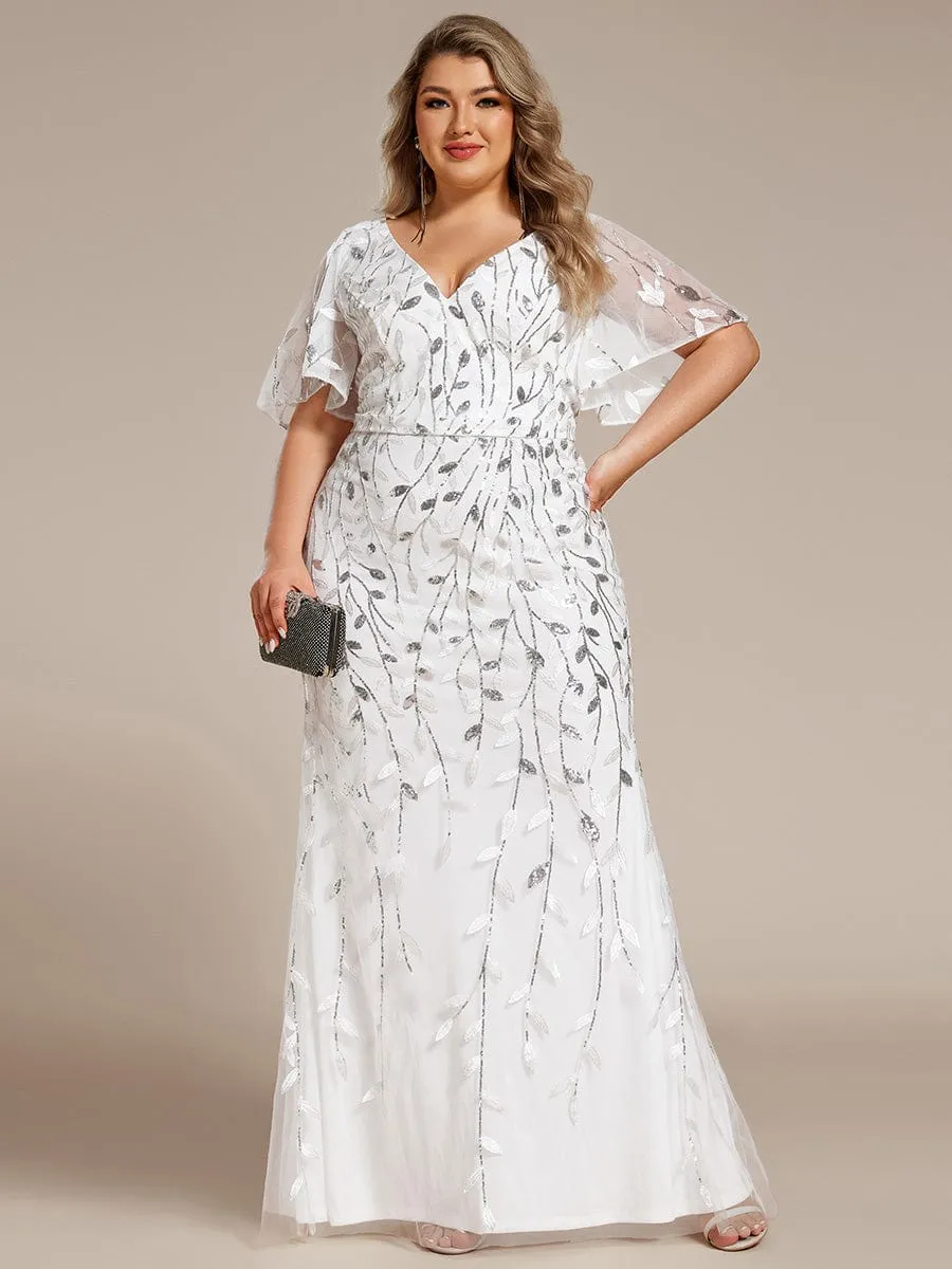 Gorgeous V Neck Leaf-Sequined Fishtail Mother of the Bride Dress