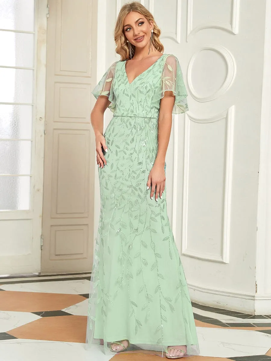 Gorgeous V Neck Leaf-Sequined Fishtail Mother of the Bride Dress