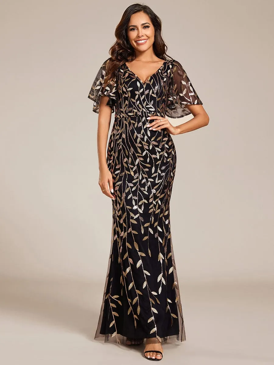 Gorgeous V Neck Leaf-Sequined Fishtail Mother of the Bride Dress