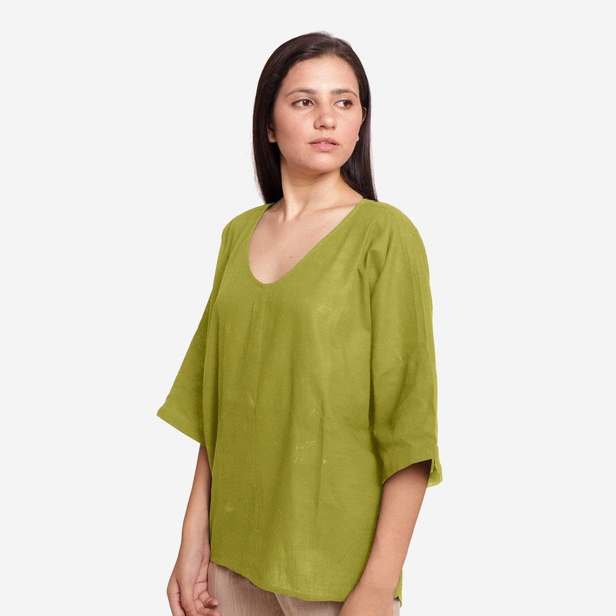Green 100% Cotton U-Neck Drop Shoulder High-Low Top