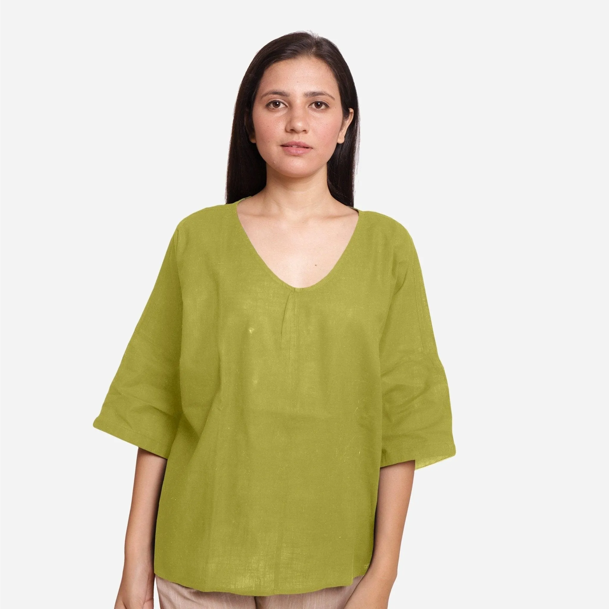 Green 100% Cotton U-Neck Drop Shoulder High-Low Top