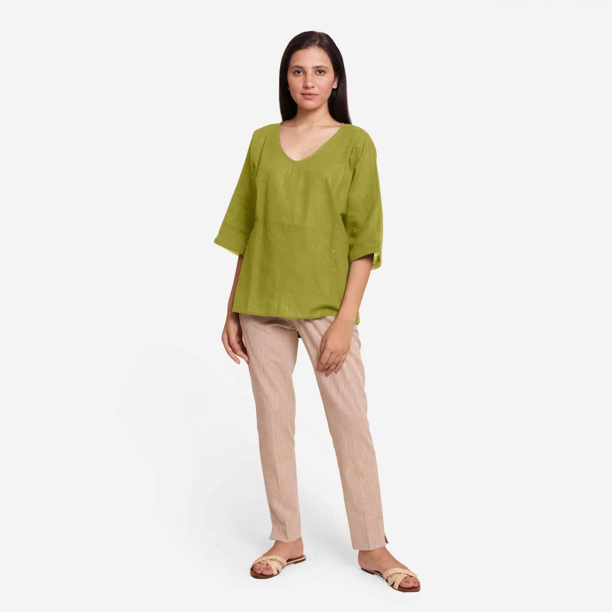 Green 100% Cotton U-Neck Drop Shoulder High-Low Top