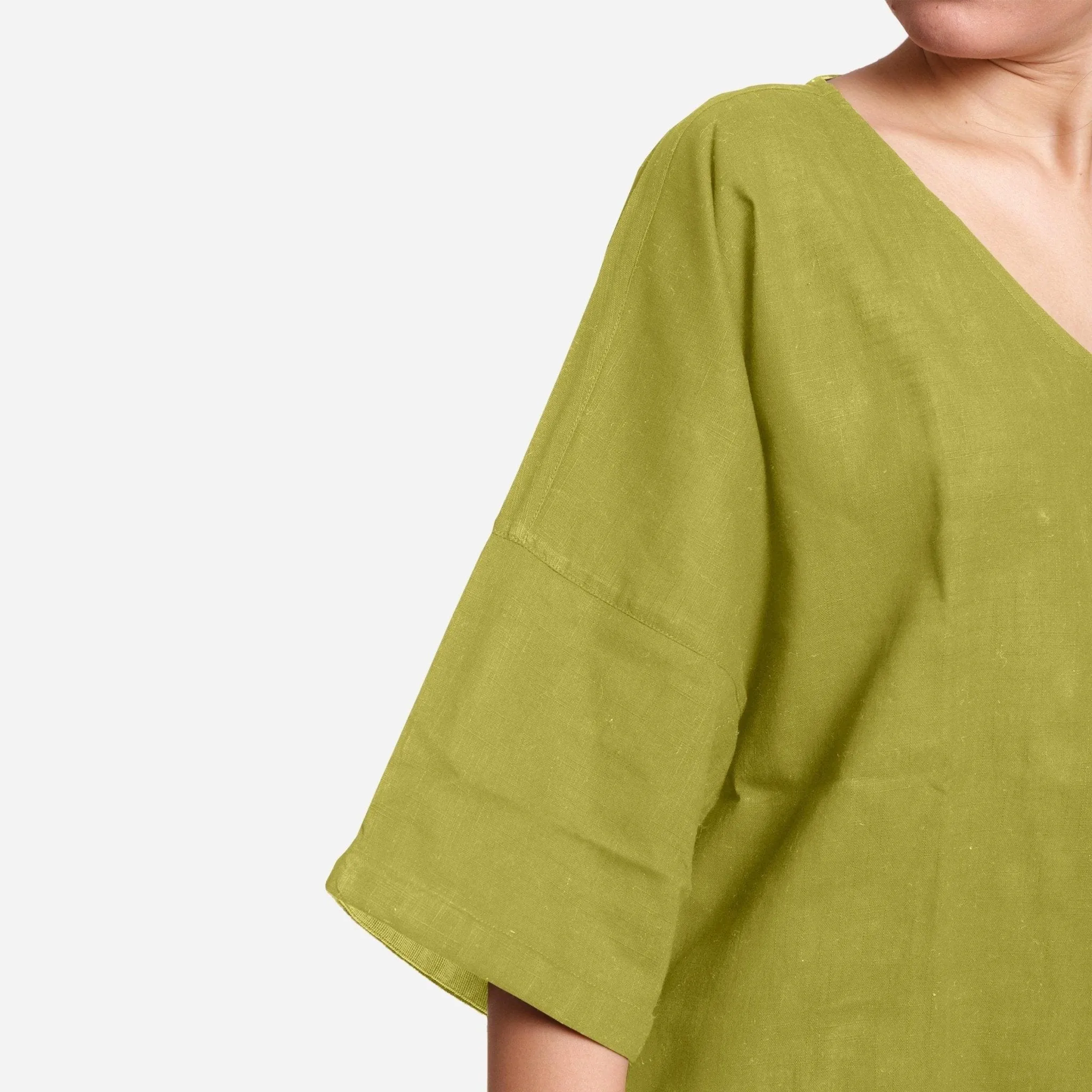Green 100% Cotton U-Neck Drop Shoulder High-Low Top