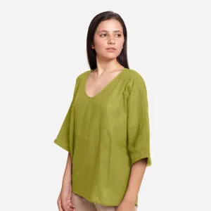 Green 100% Cotton U-Neck Drop Shoulder High-Low Top