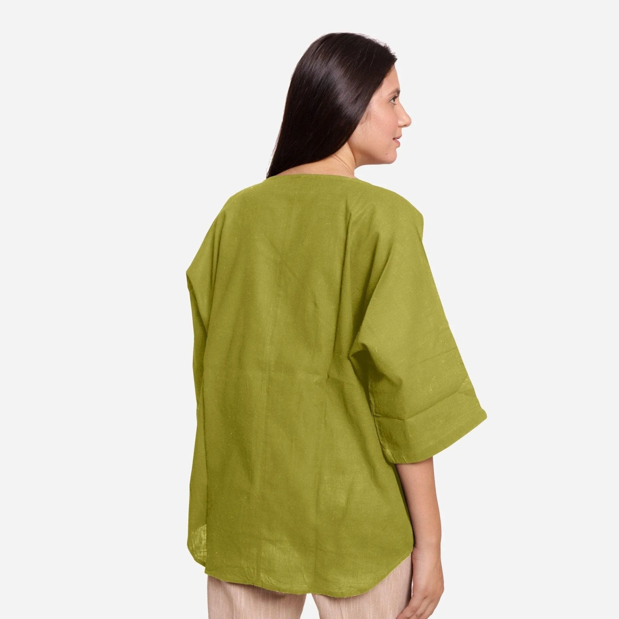 Green 100% Cotton U-Neck Drop Shoulder High-Low Top