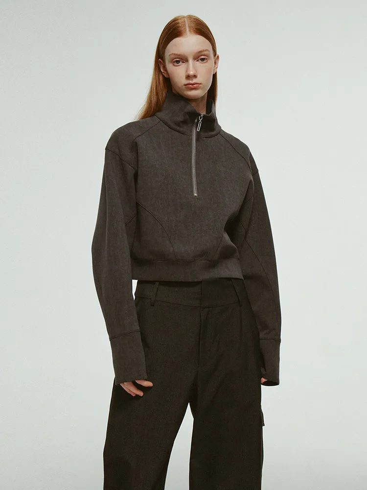 Half-Zip High-Neck Casual Plain Chic Short-Tops