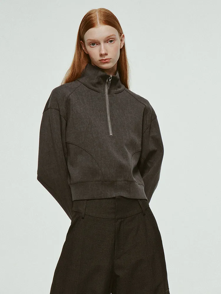 Half-Zip High-Neck Casual Plain Chic Short-Tops