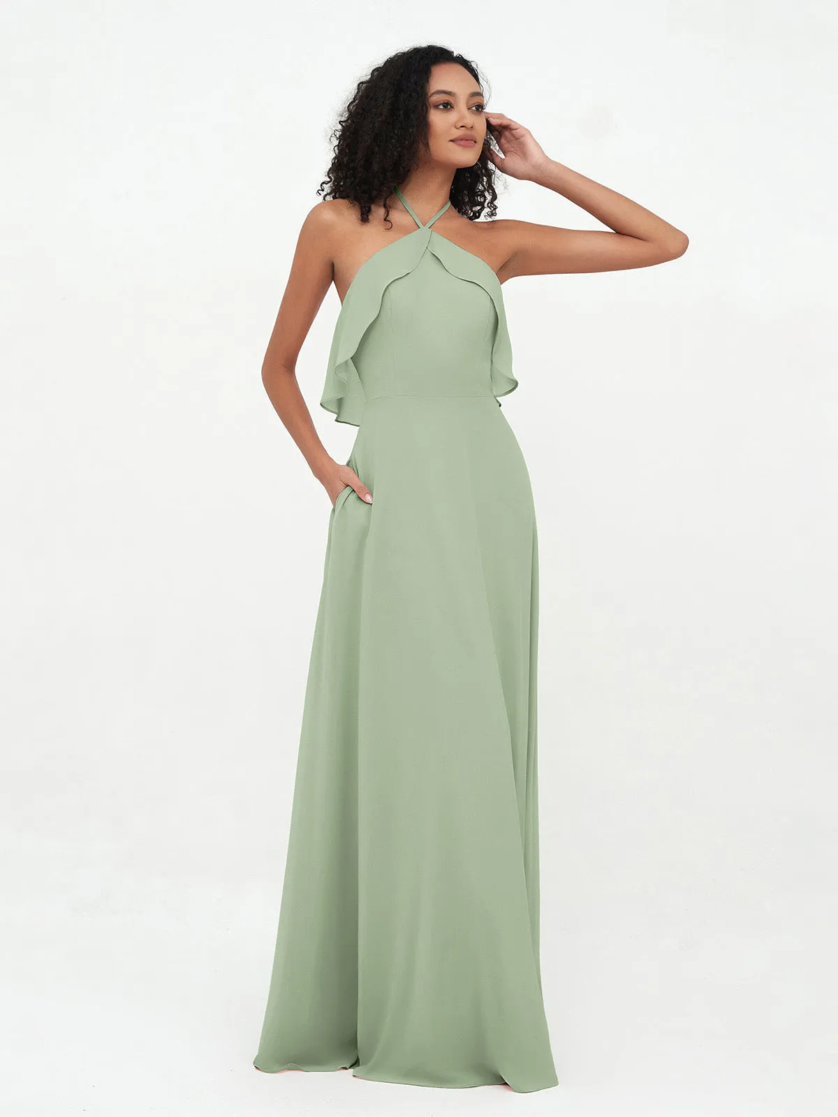 Halter Strap Chiffon Long Bridesmaid Dresses Dusty Sage
