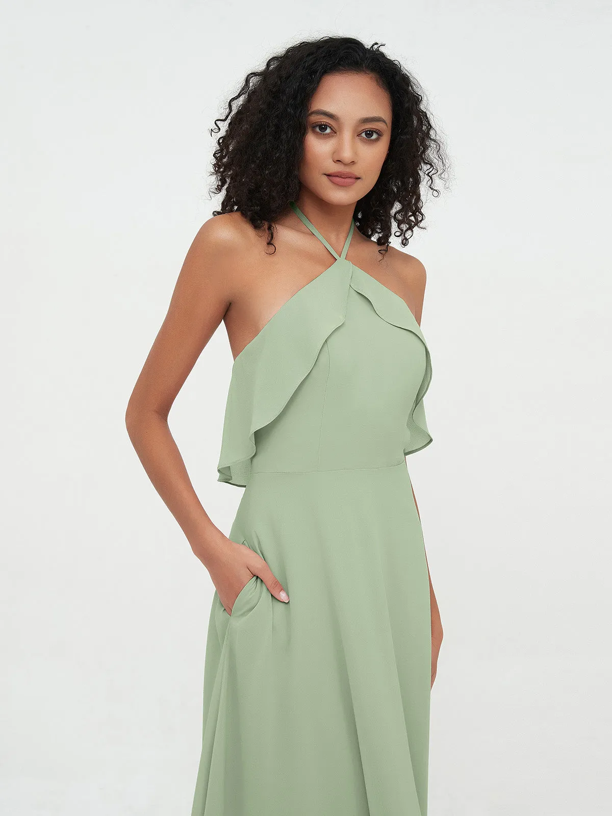 Halter Strap Chiffon Long Bridesmaid Dresses Dusty Sage