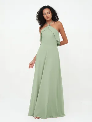 Halter Strap Chiffon Long Bridesmaid Dresses Dusty Sage