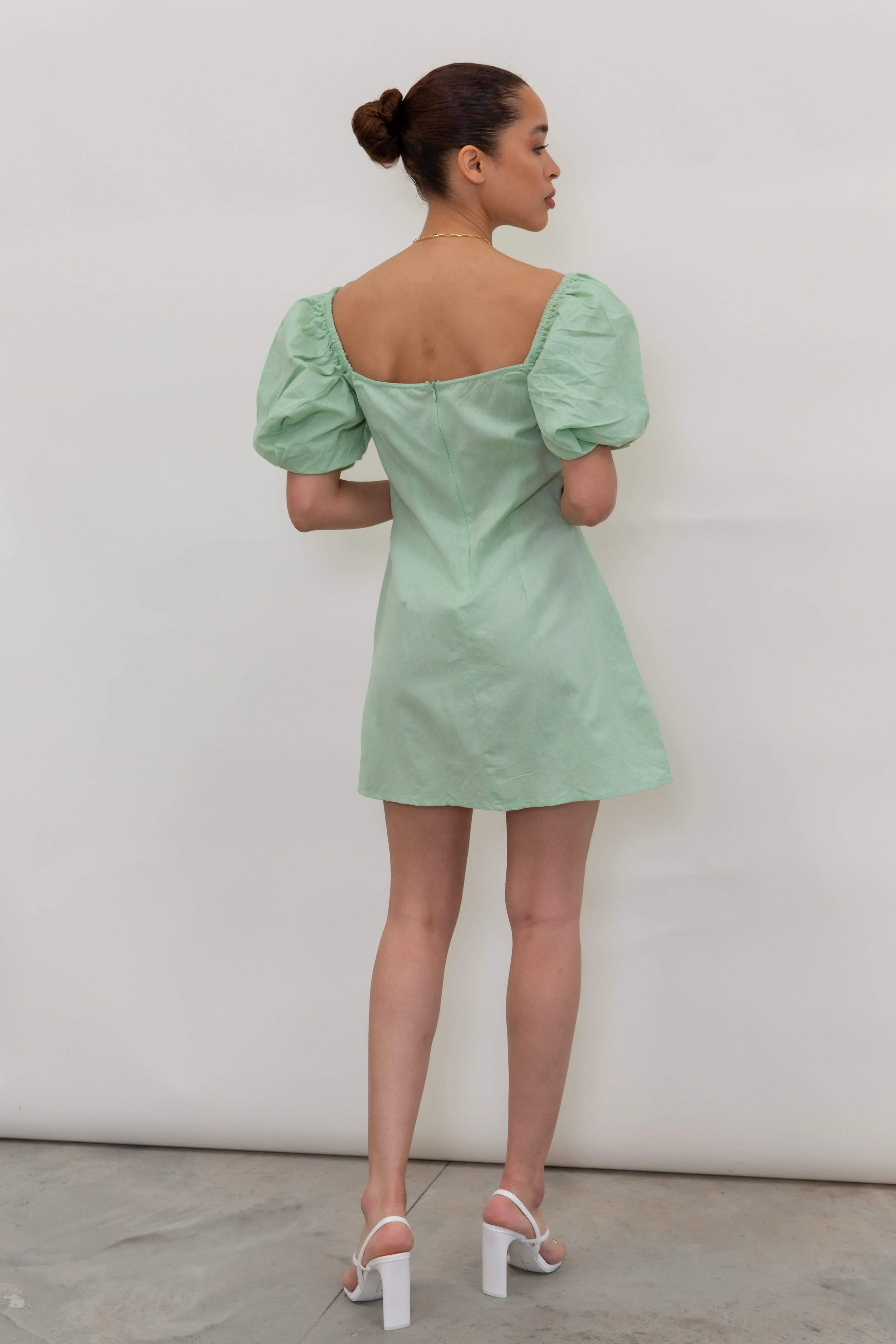 Jenna Puff Sleeve Mini Dress - Pastel Green