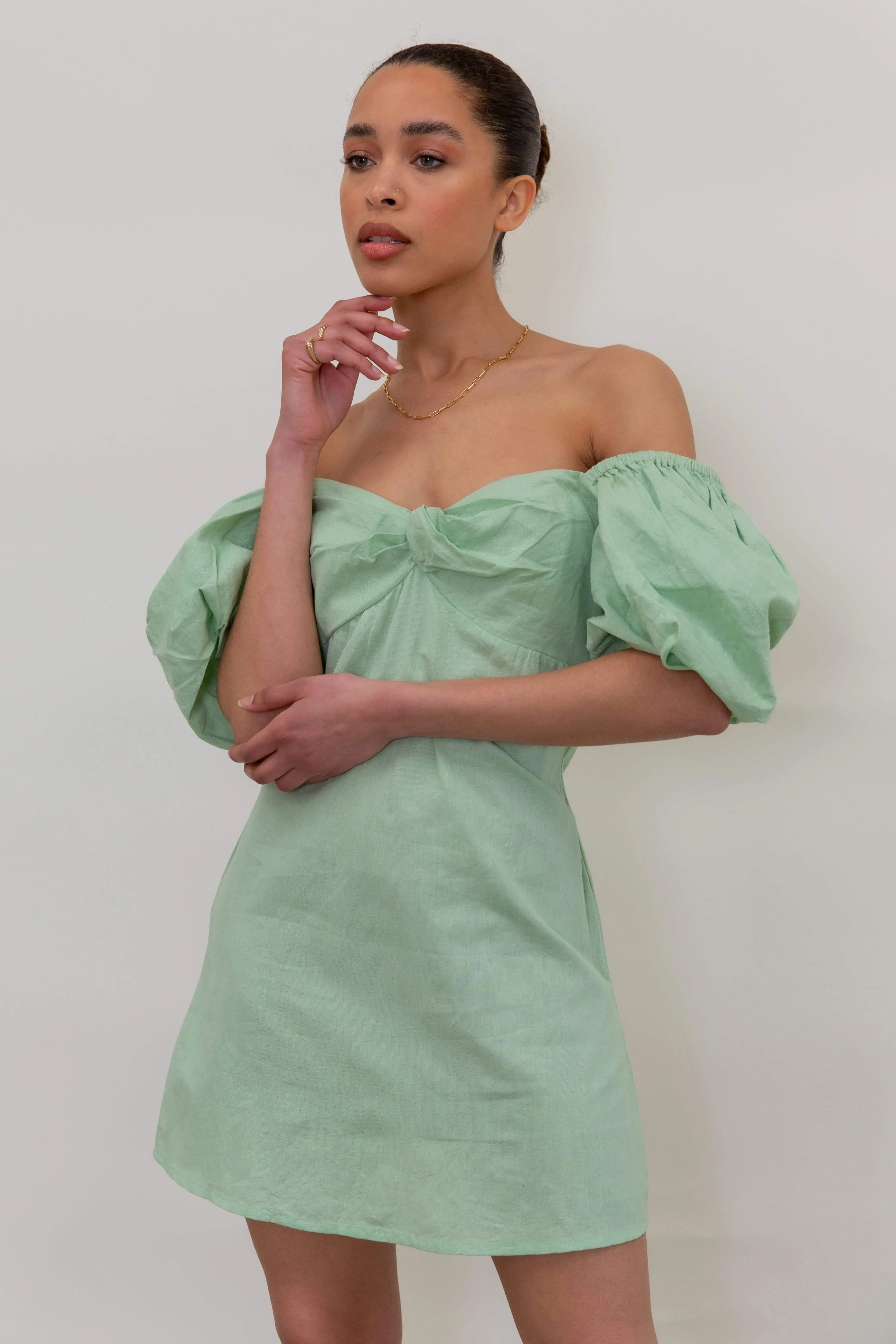 Jenna Puff Sleeve Mini Dress - Pastel Green
