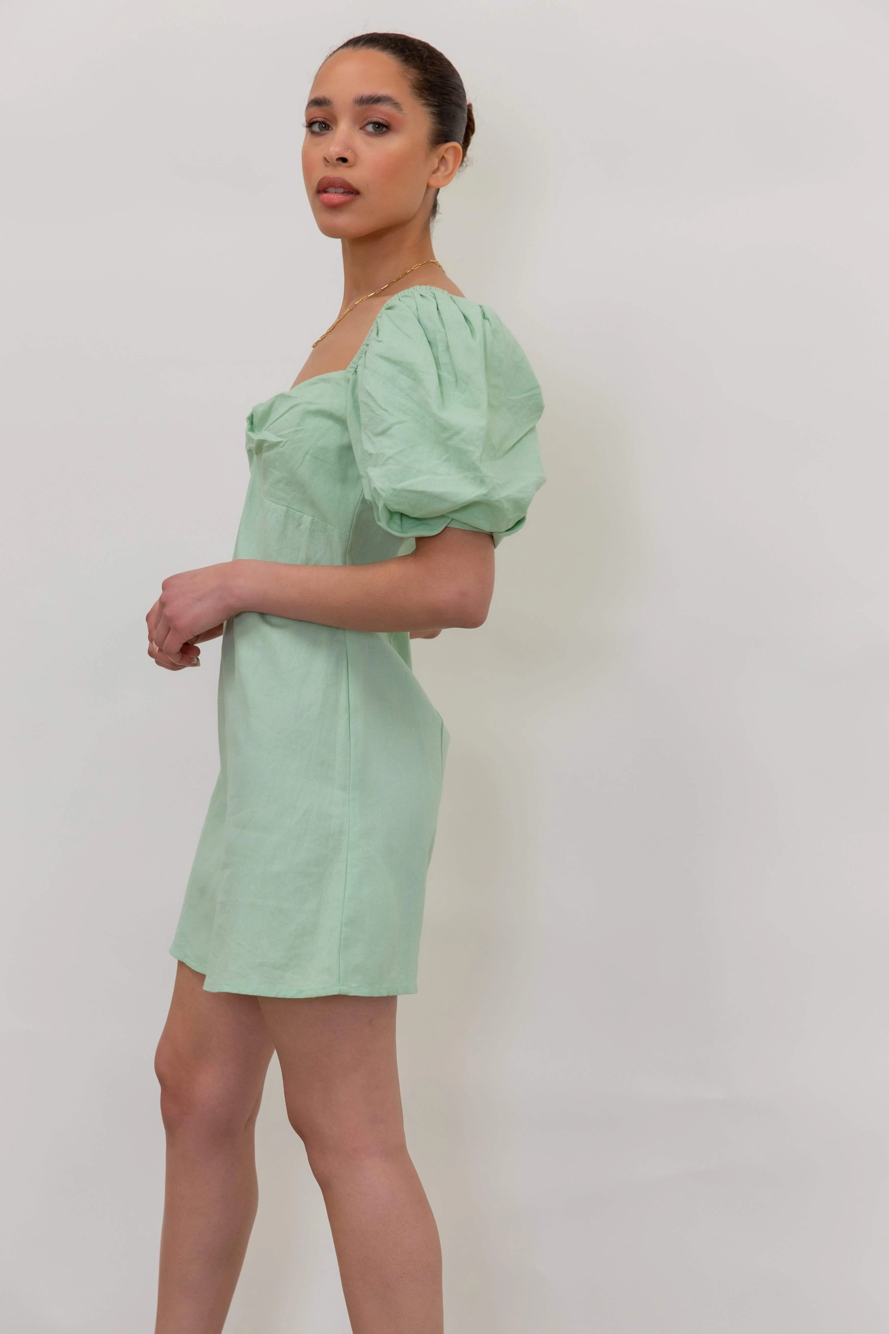 Jenna Puff Sleeve Mini Dress - Pastel Green