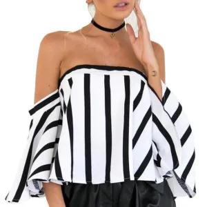 Ladies Crop Top Striped Casual Off the Shoulder Women Blouse