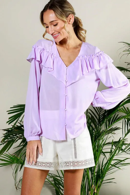 Lavender V Neck Ruffled Shoulder Button Trim Blouse