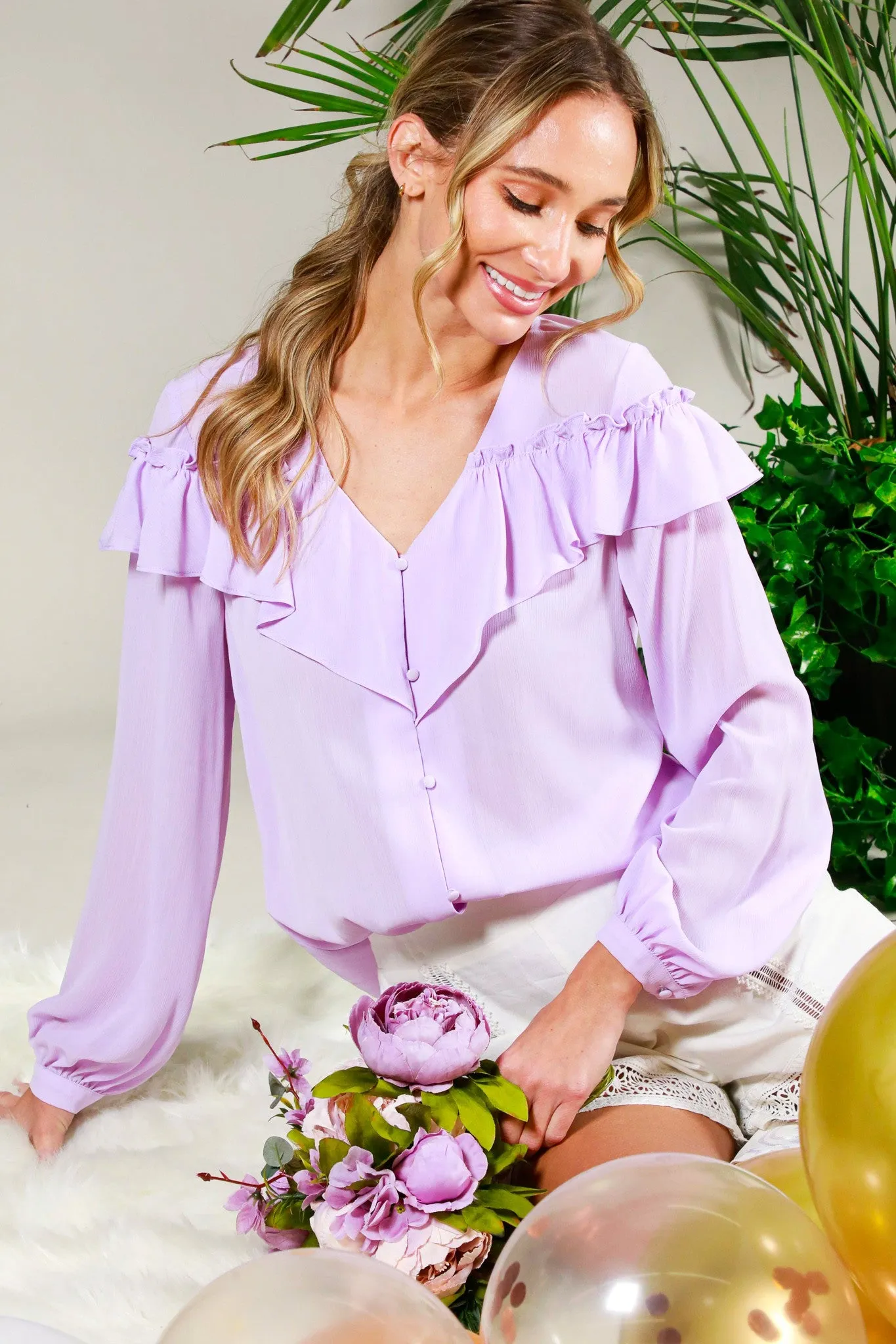 Lavender V Neck Ruffled Shoulder Button Trim Blouse