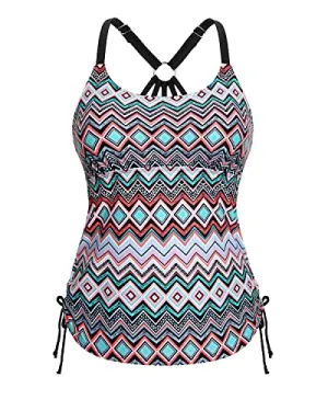 Loose Long Tankini Swim Top Only For Tummy Coverage-White And Green Geom