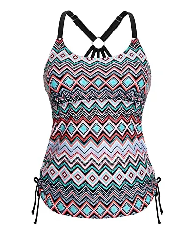 Loose Long Tankini Swim Top Only For Tummy Coverage-White And Green Geom
