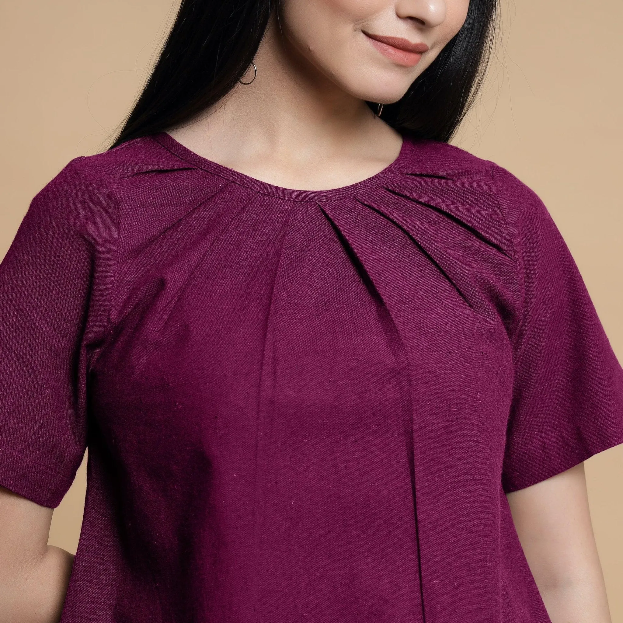 Magenta Pleated Yarn Dyed 100% Cotton A-Line Top