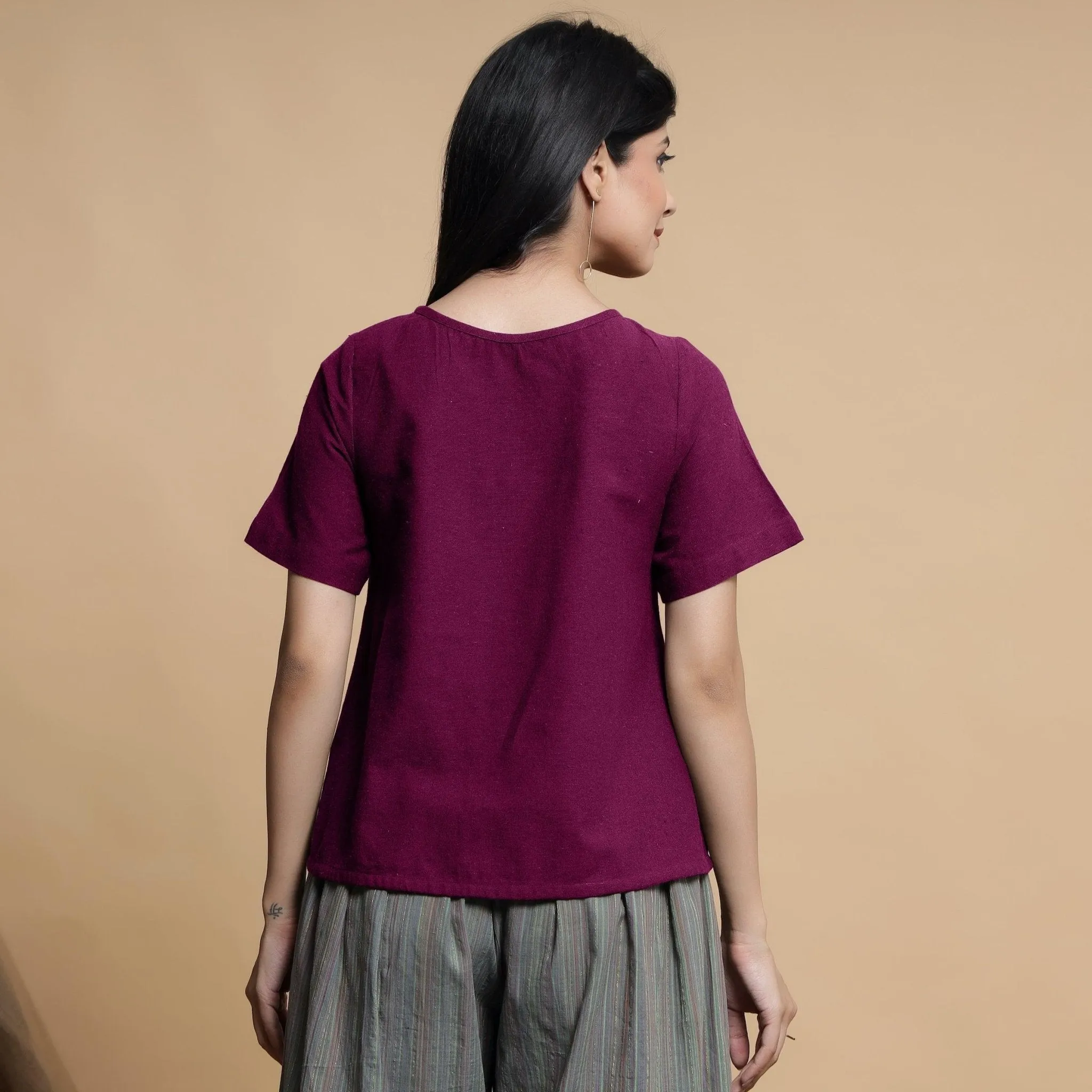 Magenta Pleated Yarn Dyed 100% Cotton A-Line Top