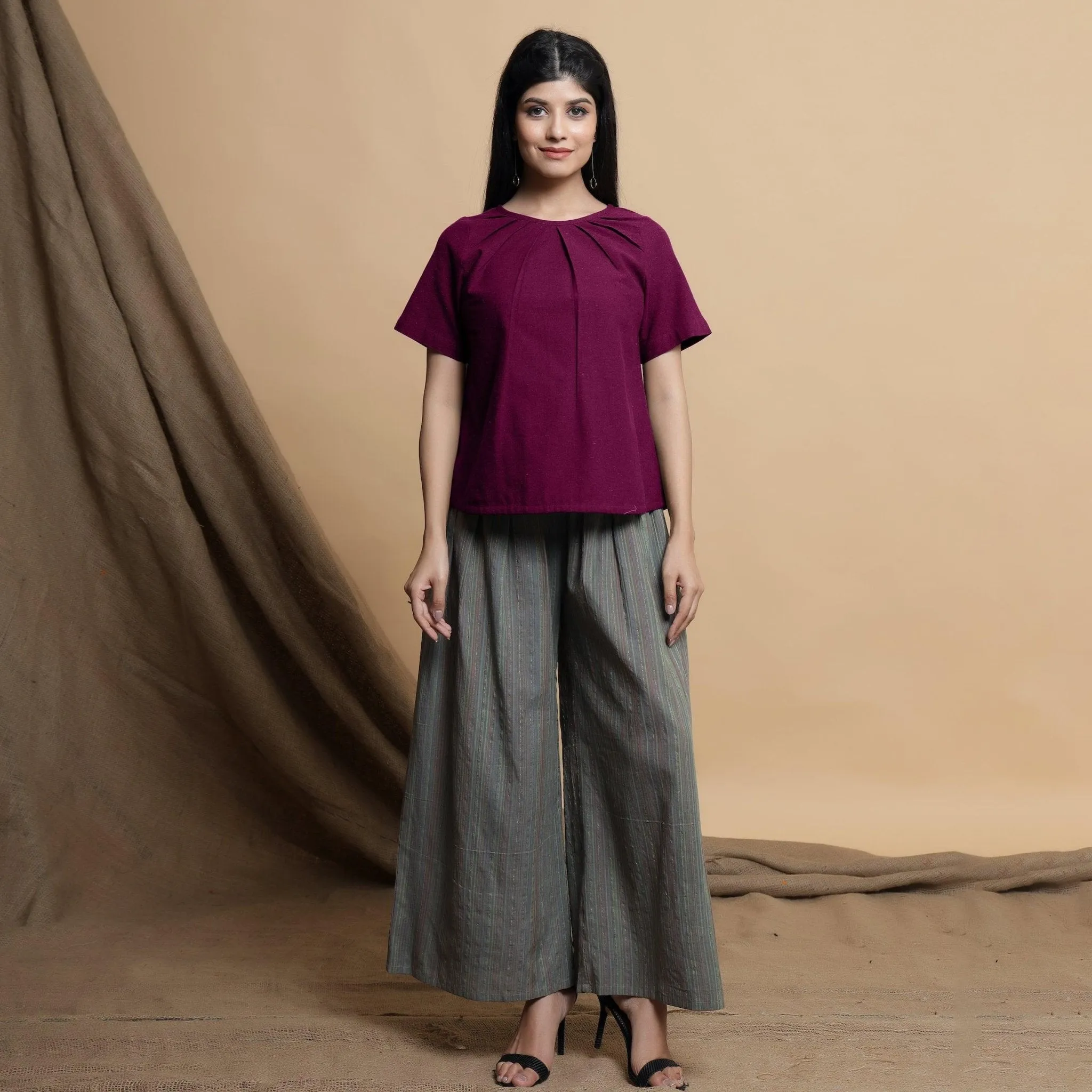Magenta Pleated Yarn Dyed 100% Cotton A-Line Top