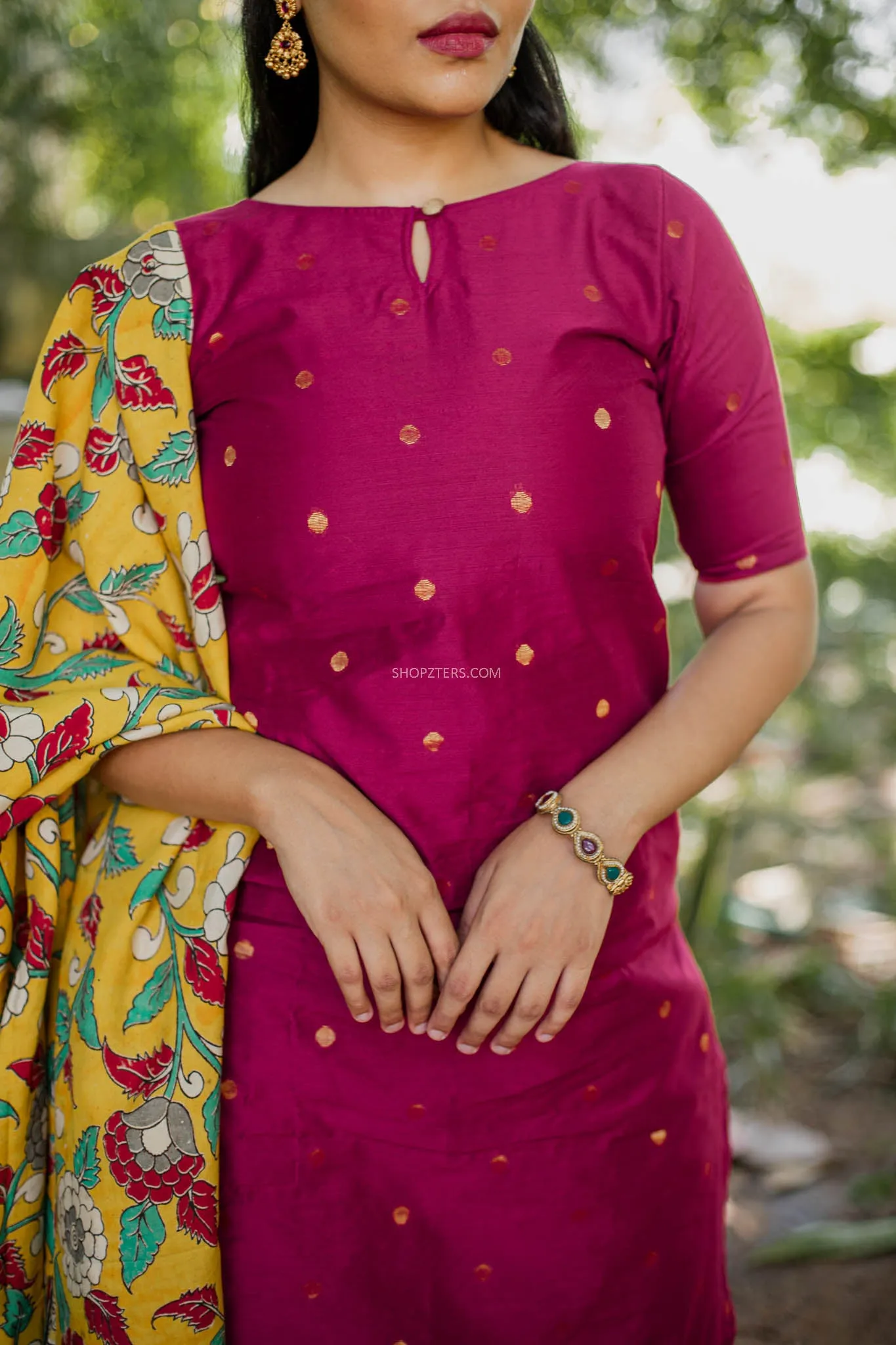Maroon Dupion Suit Set with Silk Kalamkari Dupatta