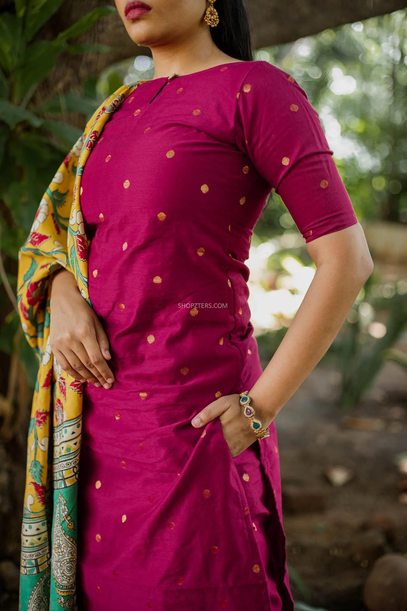 Maroon Dupion Suit Set with Silk Kalamkari Dupatta