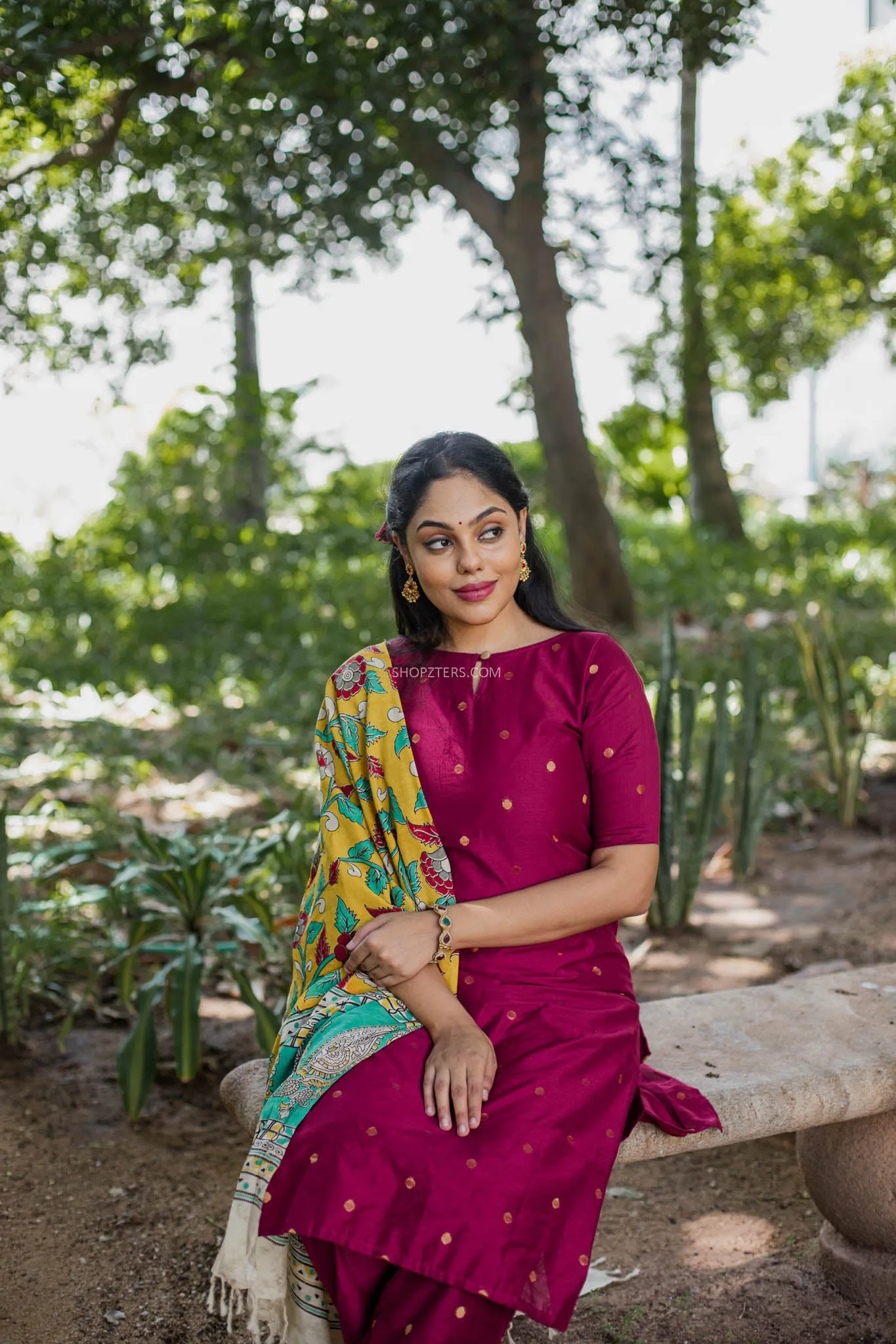 Maroon Dupion Suit Set with Silk Kalamkari Dupatta
