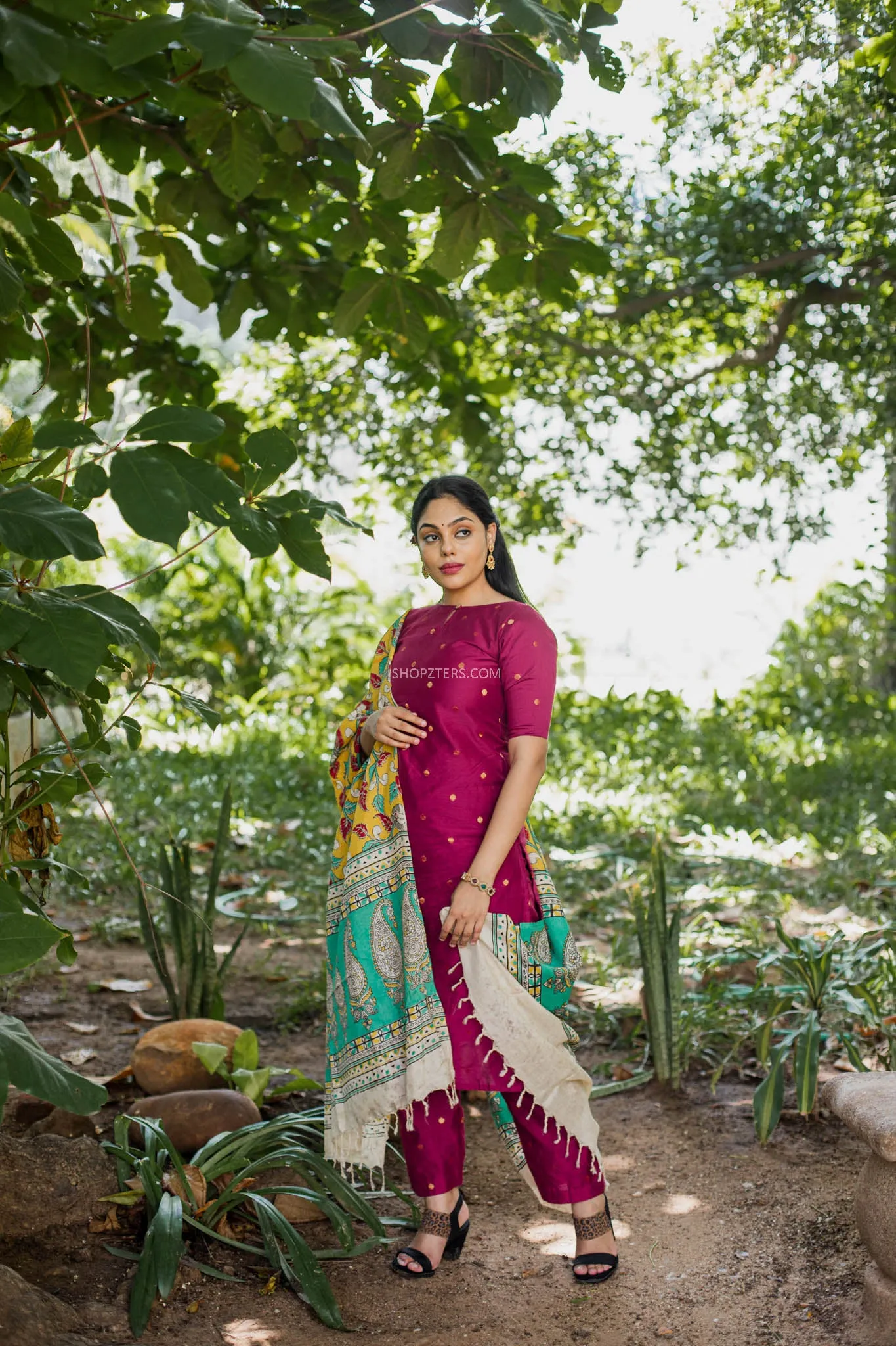 Maroon Dupion Suit Set with Silk Kalamkari Dupatta